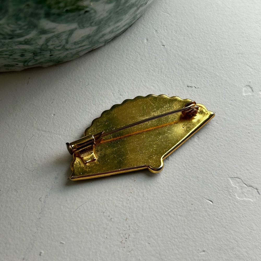 Vintage MCM Damascene Spanish Bird Floral Fan Enamel Brooch - Picture 4 of 4